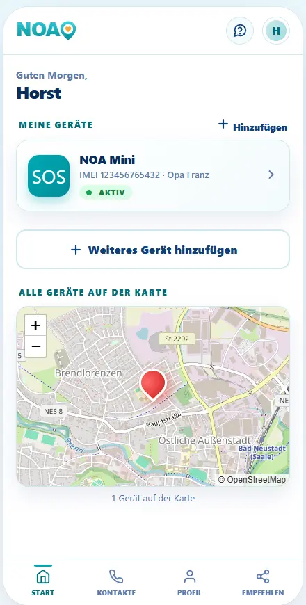 NOA-App: Übersicht aller Geräte mit Karte und Bottom-Navigation